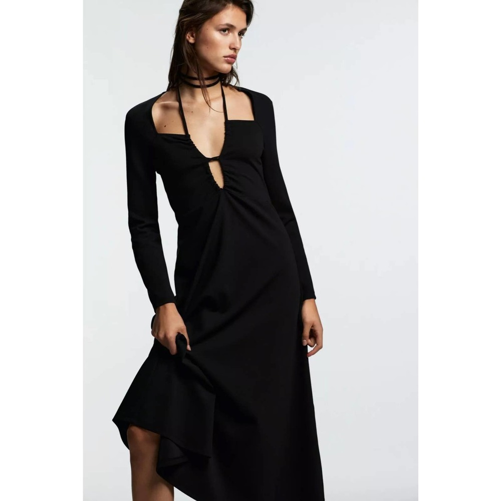 ZARA Midi Dress With Slit Strappy Cutout Top Long Sleeve Black Dress 4886/272, M